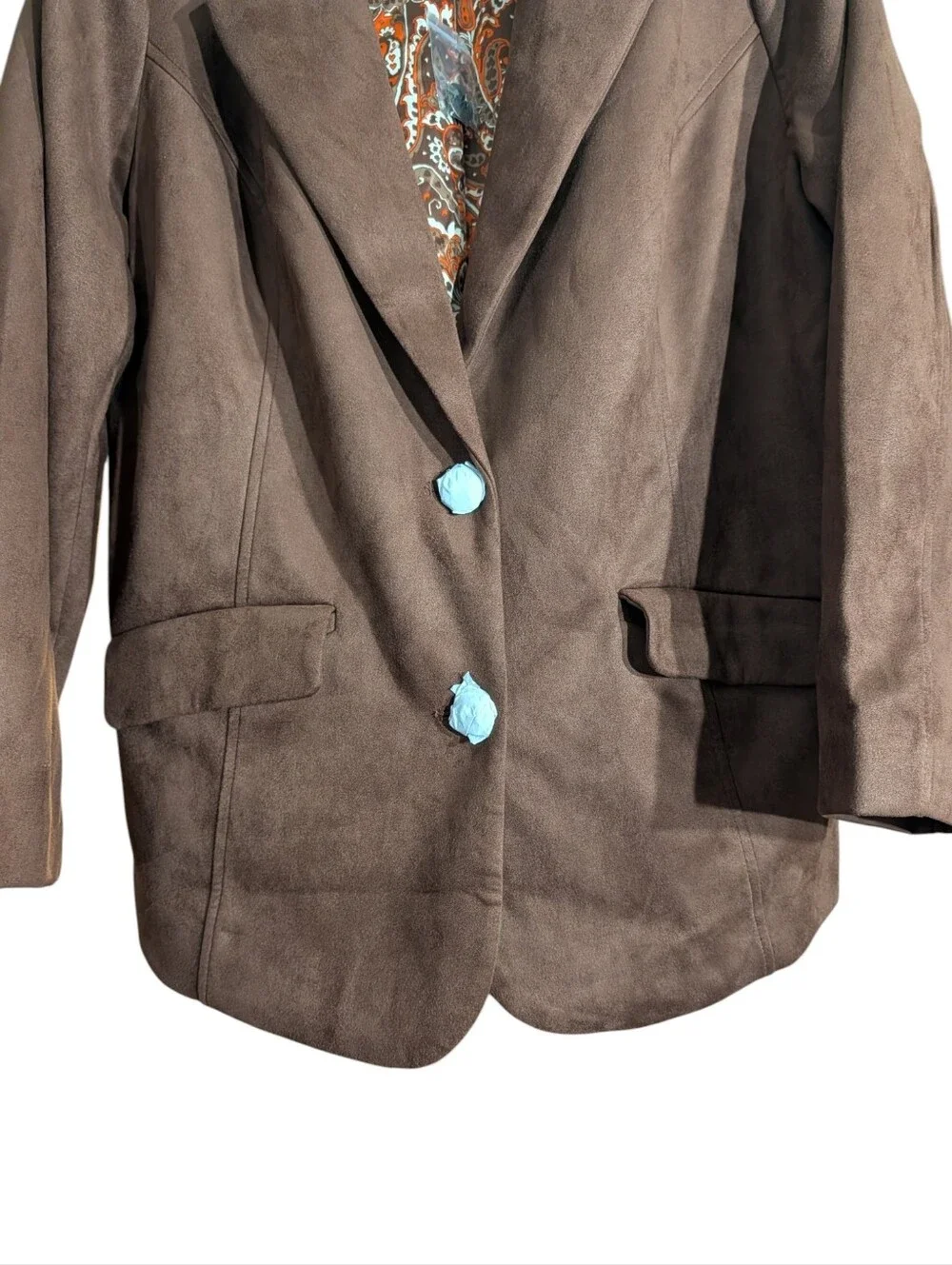 Isaac Mizrahi Live Brown Faux Suede Blazer Jacket 1X Paisley Lined - Picture 4 of 10